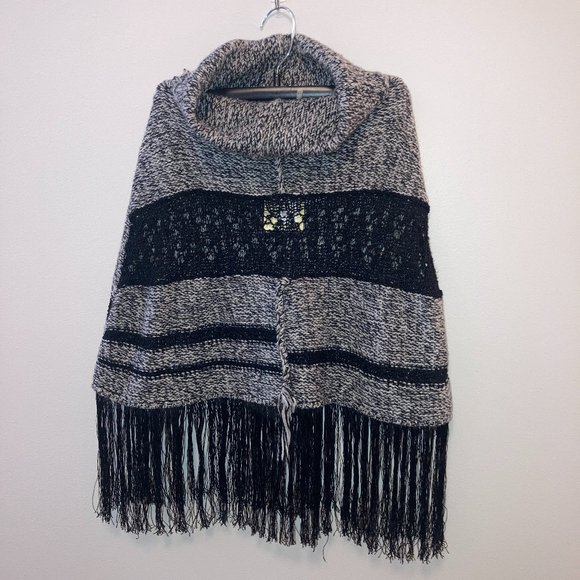 NWT Free People Shrug Cowl Neck Size XS/S Mesh Lace Fringe Wool Gray Black - Picture 1 of 11